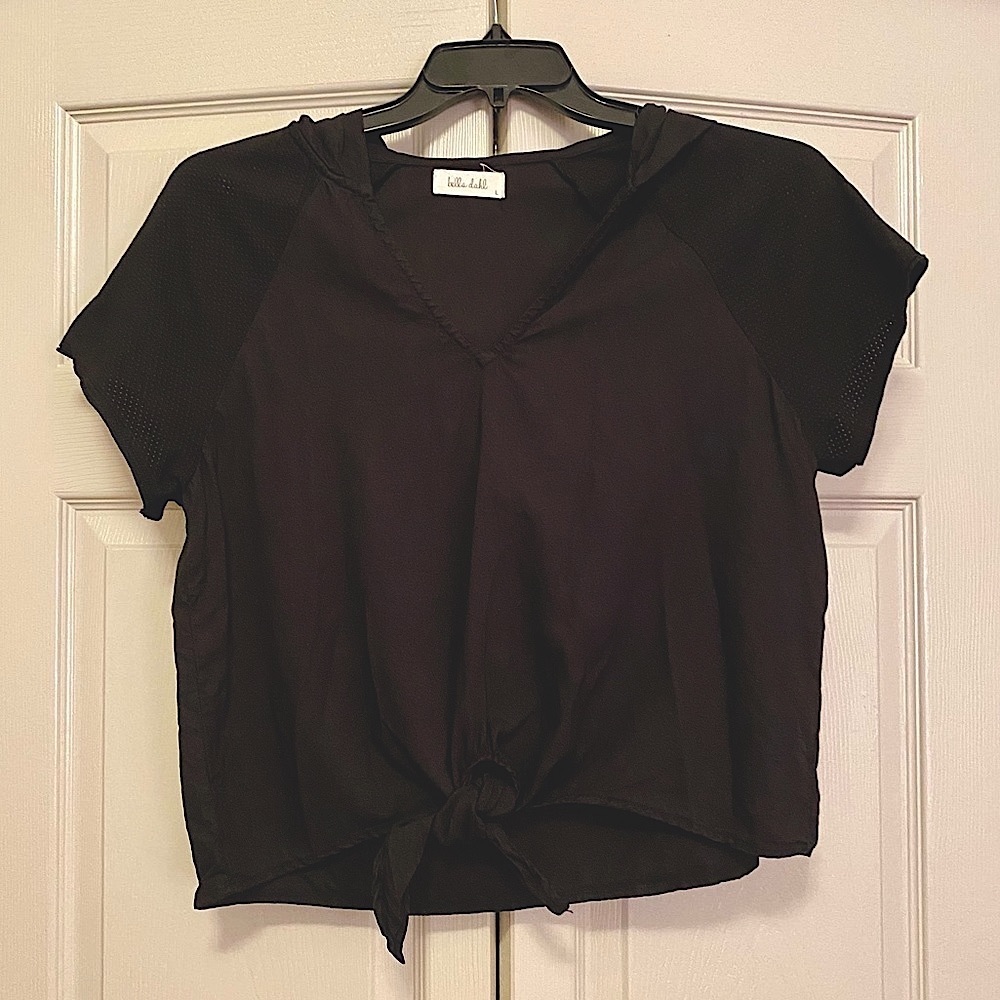 Bella Dahl Black Hooded Tie Front Top Mesh Top